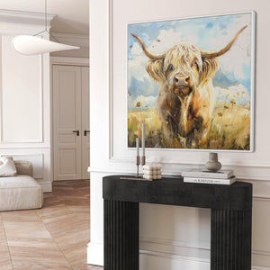 Large Highland Cow Abstract Wall Art Framed Canvas Print of Scottish Painting - 100cm x 100cm