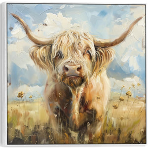 Large Highland Cow Abstract Wall Art Framed Canvas Print of Scottish Painting - 100cm x 100cm