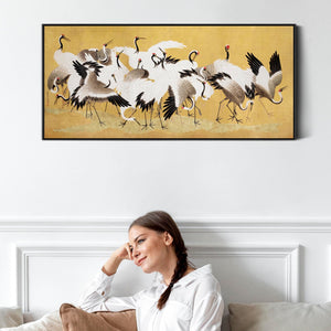 Japanese Birds Flock of Cranes Wall Art Framed Canvas Print of Ishida Yutei Painting