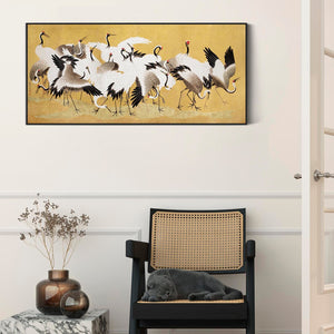 Japanese Birds Flock of Cranes Wall Art Framed Canvas Print of Ishida Yutei Painting