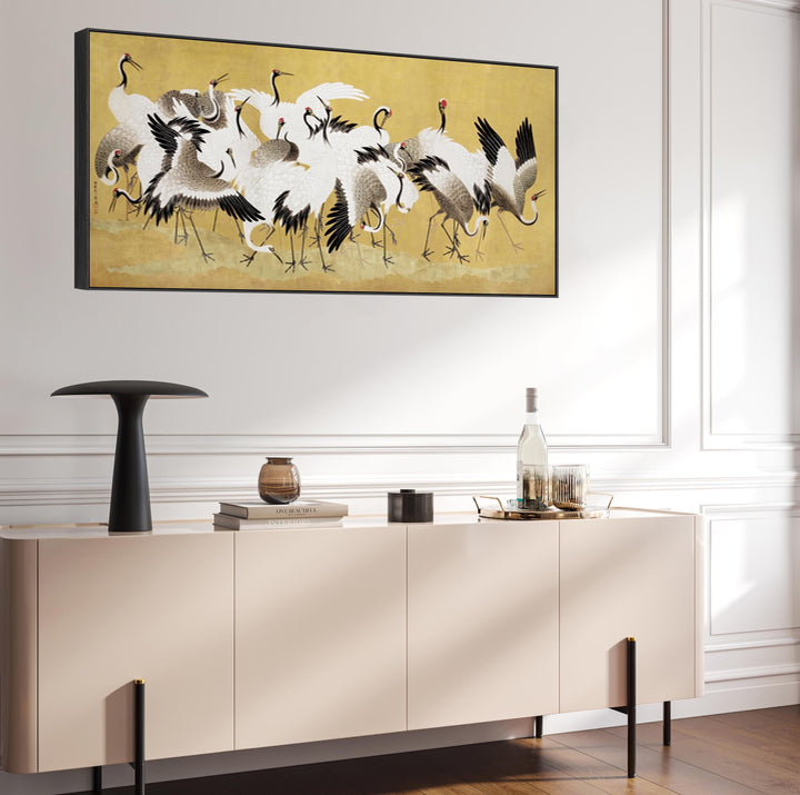 Japanese Birds Flock of Cranes Wall Art Framed Canvas Print of Ishida Yutei Painting - FFwide-2255-B-L