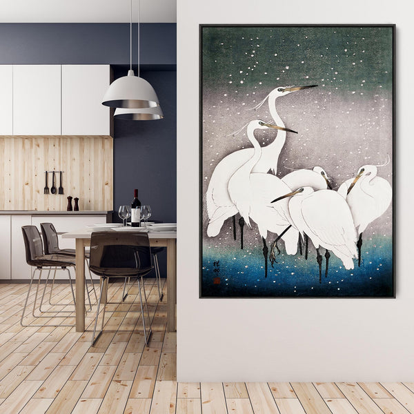 Japanese Birds Wall Art Framed Print on Canvas of Egrets Painting by Ohara Koson