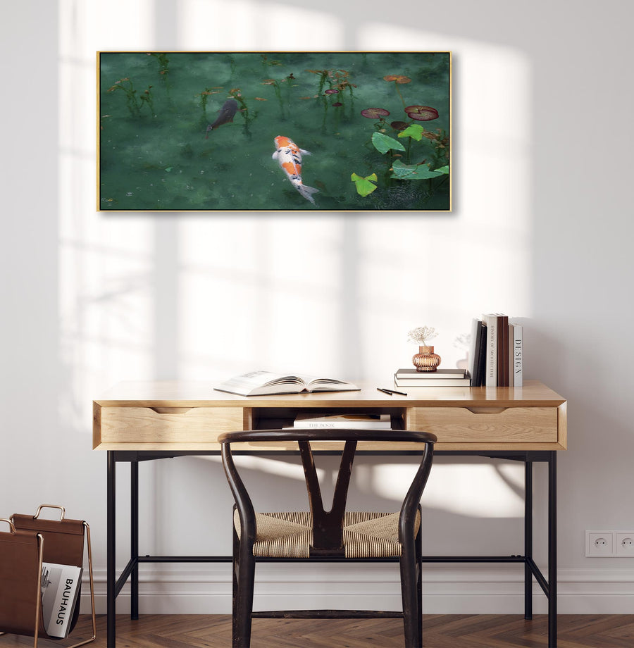 Large Japanese Koi Carp Green Wall Art Framed Canvas Print