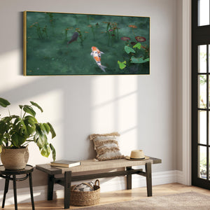 Large Japanese Koi Carp Green Wall Art Framed Canvas Print