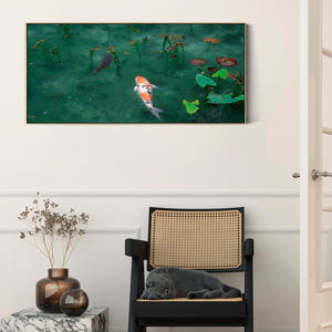 Large Japanese Koi Carp Green Wall Art Framed Canvas Print