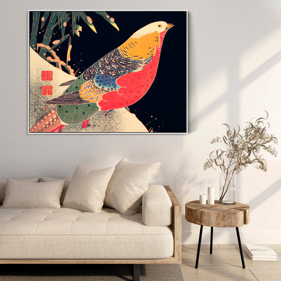 Japanese Wall Art Framed Canvas Print The Golden Pheasant in the Snow by Katsushika Hokusai