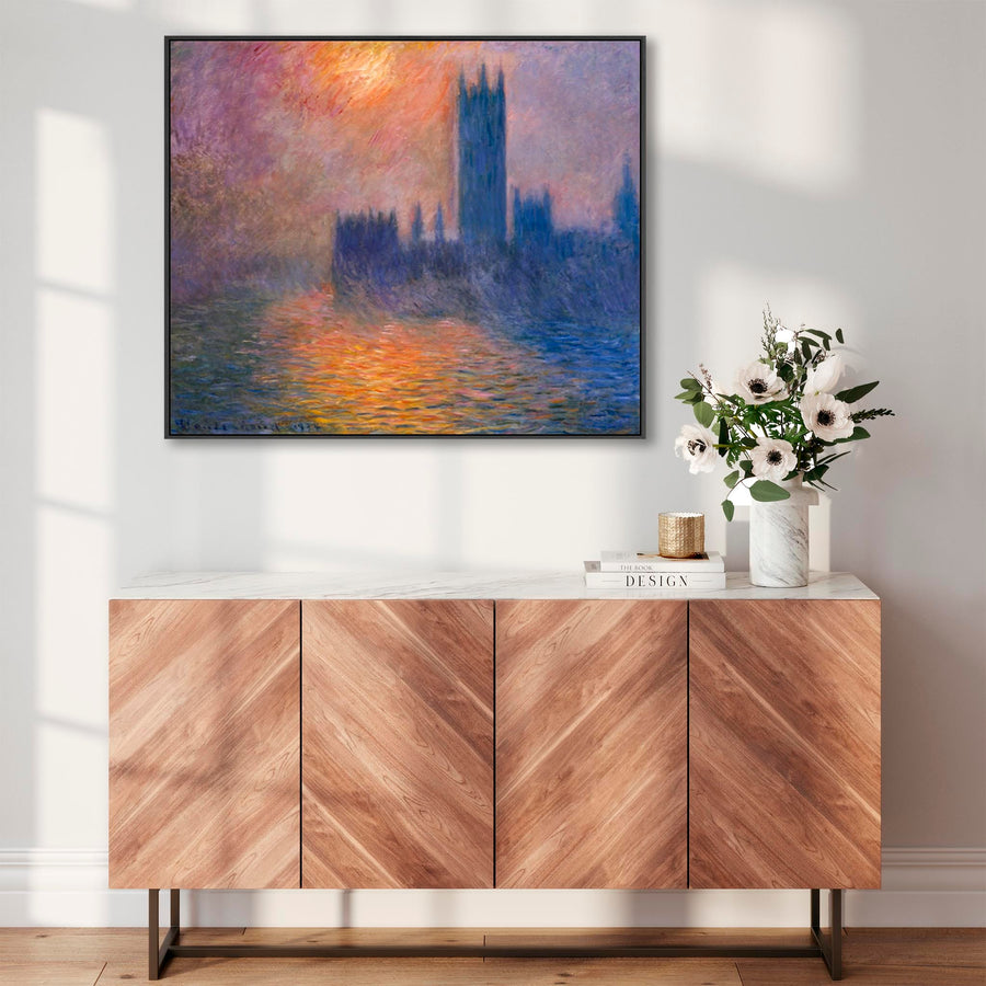 Large Claude Monet Framed Canvas Print of Houses of Parliament Sunset Landscape Painting