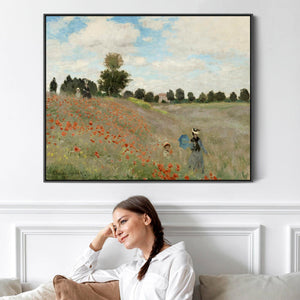 Large Claude Monet Framed Canvas Print of Poppy Field Poppies Landscape Painting