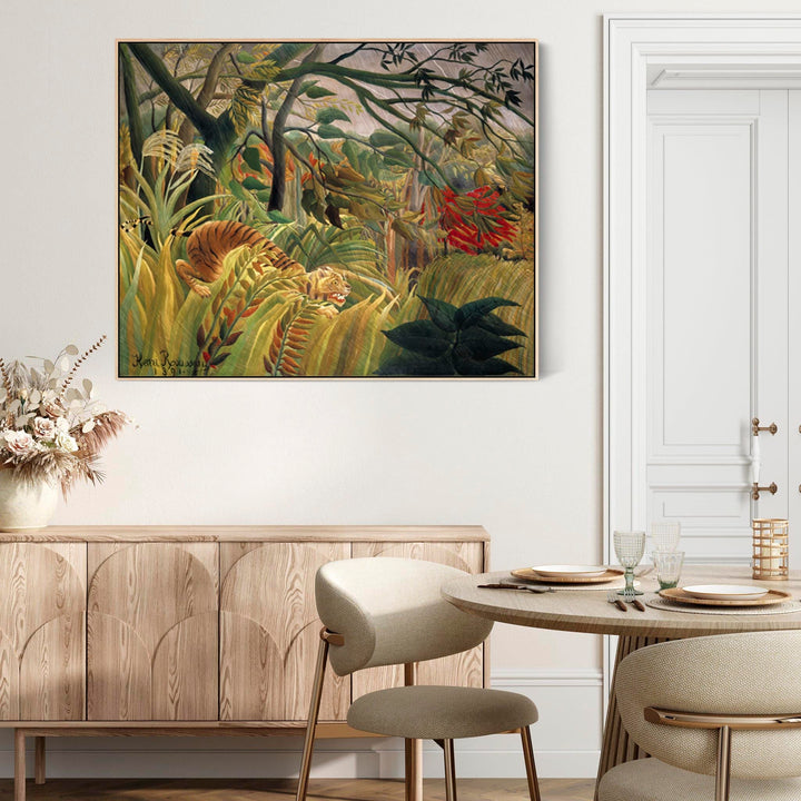 Large Green Henri Rousseau Wall Art Framed Canvas Print of Tiger in a Tropical Storm Famous Painting - FFob-2211-N-L