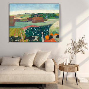 Large Paul Gauguin Framed Canvas Print of Landscape of Haystacks in Brittany Painting