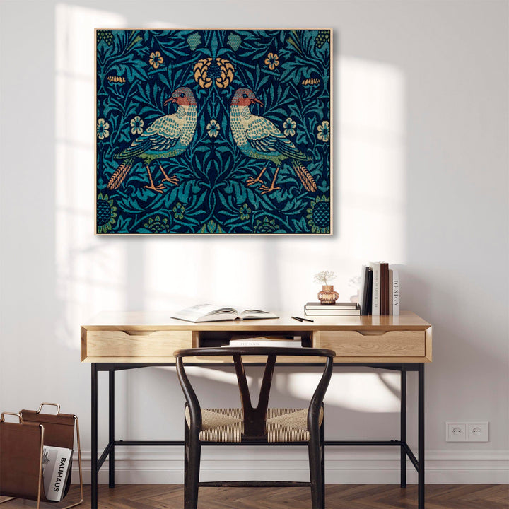 Large Blue William Morris Wall Art Framed Canvas Print of Famous Birds Design - FFob-2208-N-L