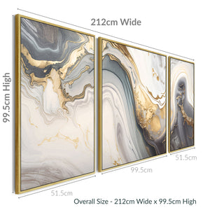 Large Modern Grey Gold Abstract Wall Art for Living Room - Framed Set of 3 - 212cm Wide