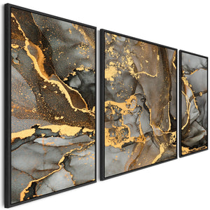 Extra Large Framed Wall Art Pictures for Living Room - Grey Black Gold Abstract Marble - Set of 3 - XXL 212cm Wide