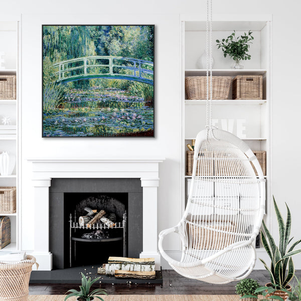 Claude Monet Framed Canvas Wall Art - Japanese Bridge Water Lilies - XL Large 100cm x 100cm