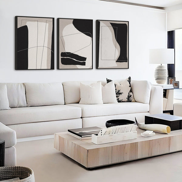 Large Abstract Neutral Wall Art for Living Room - Set of 3 Framed Canvas Pictures