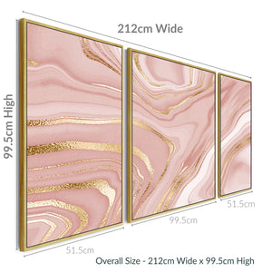 Large Pink Gold Modern Framed Canvas Wall Art - Abstract Set of 3 Pictures - 212cm Wide