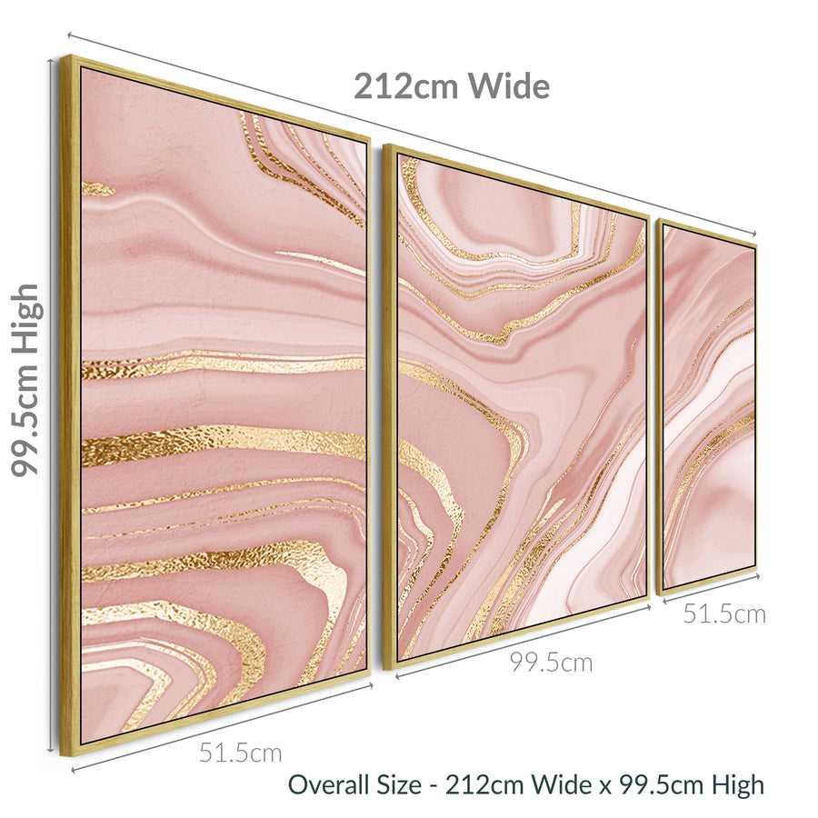 Large Pink Gold Modern Framed Canvas Wall Art - Abstract Set of 3 Pictures - 212cm Wide