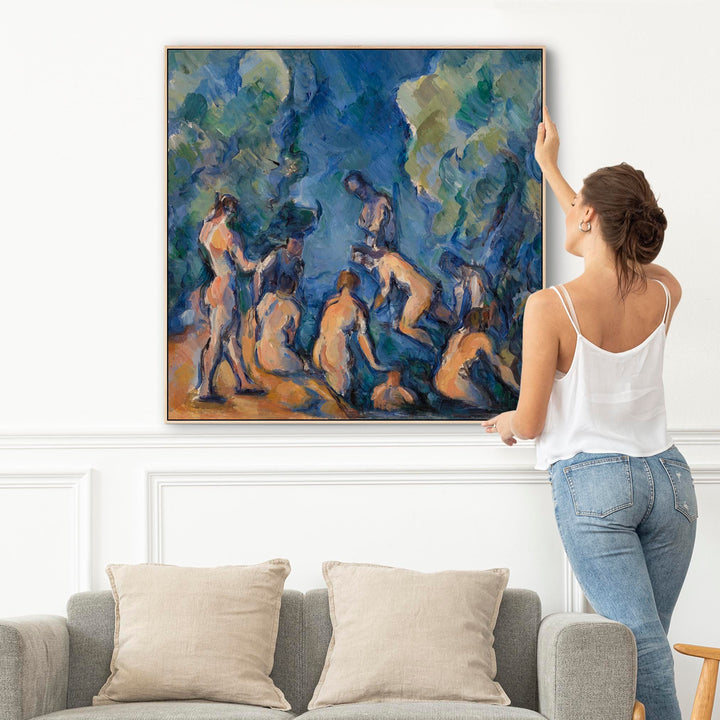 Large Blue Paul Cezanne Wall Art Framed Canvas Print of The Bathers Baigneurs Famous Painting - 100cm x 100cm - FFs-2330-N-XL