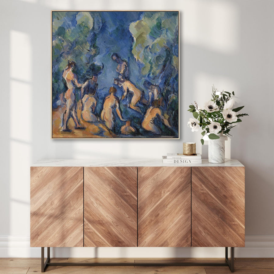 Large Blue Paul Cezanne Wall Art Framed Canvas Print of The Bathers Baigneurs Famous Painting - 100cm x 100cm