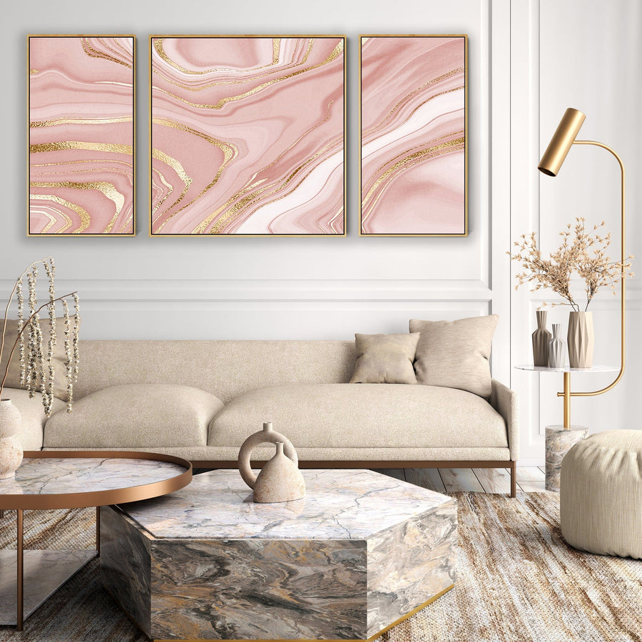 Large Pink Gold Modern Framed Canvas Wall Art - Abstract Set of 3 Pictures - 212cm Wide