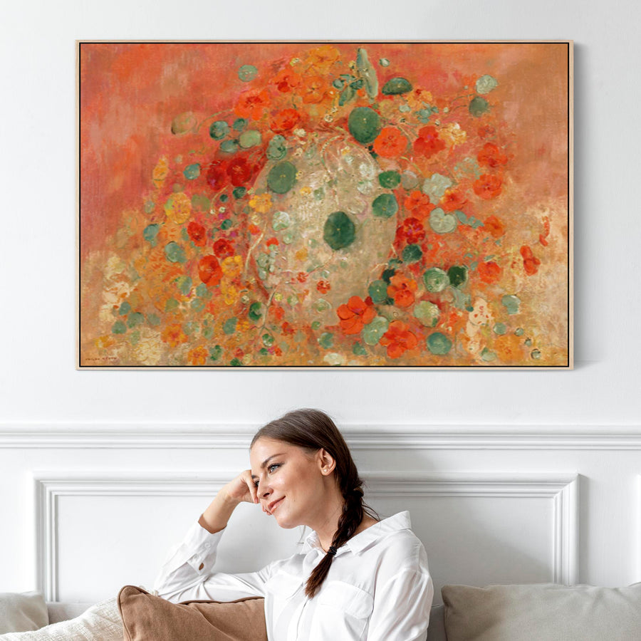 Large Red Abstract Wall Art Framed Canvas Print of Nasturtium Painting by Odilon Redon