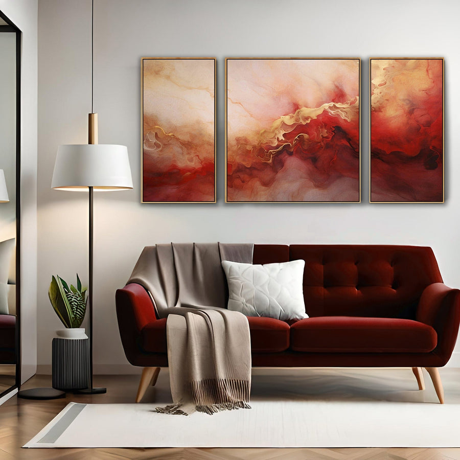 Large Red Gold Framed Abstract Canvas Wall Art - Set of 3 XXL - 212cm Wide