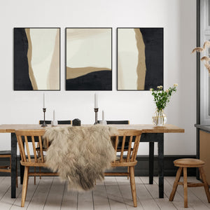 Large Set of 3 Wall Art For Living Room - Framed Abstract Black Cream
