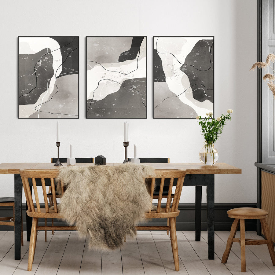 Large Grey Wall Art for Living Room - XL Set of 3 Framed Canvas Pictures