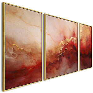 Large Red Gold Framed Abstract Canvas Wall Art - Set of 3 XXL - 212cm Wide