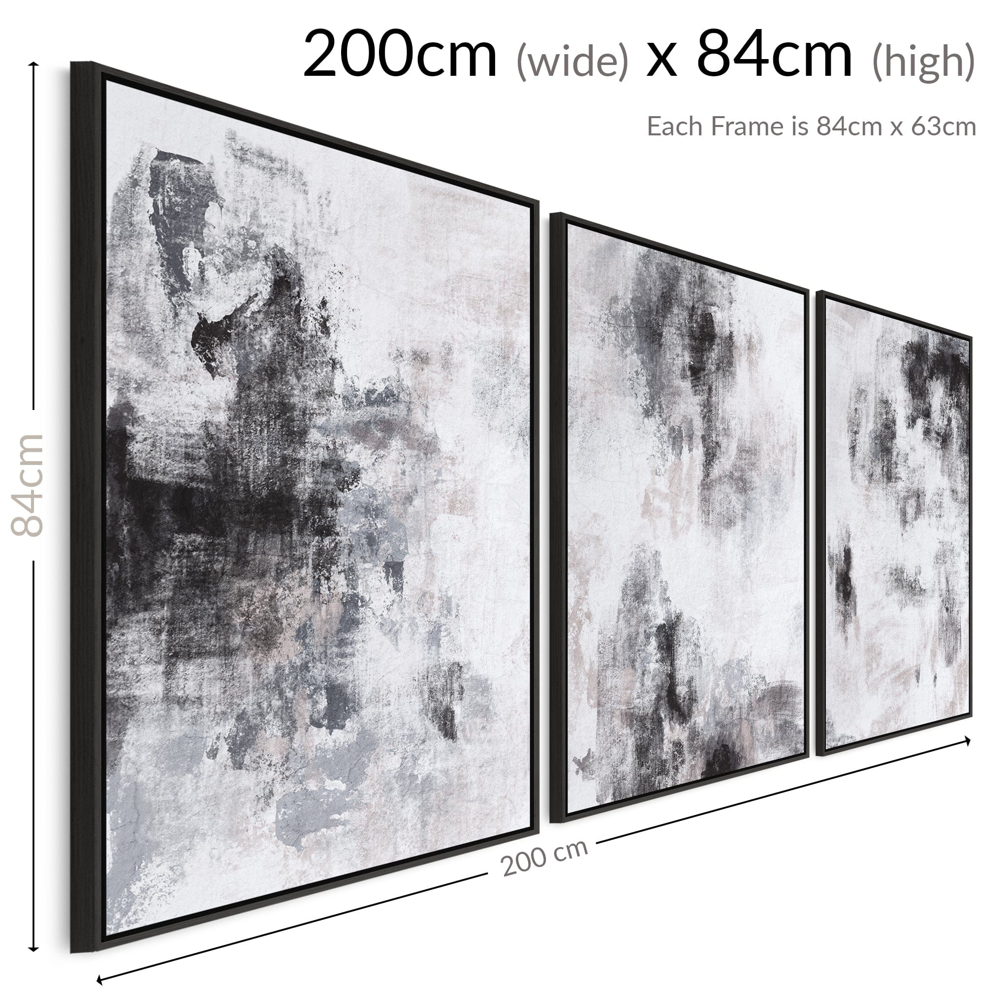 Extra Large Wall Art - Set of 3 - Black White Framed Abstract - 2094
