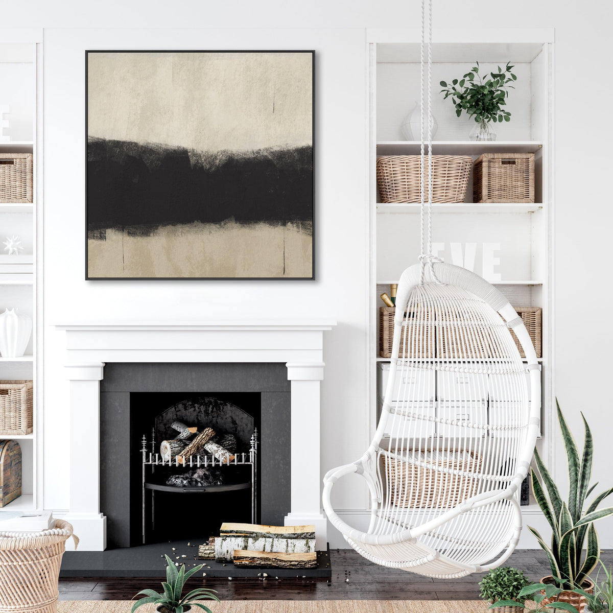 Large Neutral Black Wall Art for Living Room - Framed Canvas Artwork ...