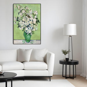 Large Vincent Van Gogh Wall Art Framed Canvas Print of White Roses Green Vase Painting