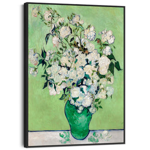 Large Vincent Van Gogh Wall Art Framed Canvas Print of White Roses Green Vase Painting