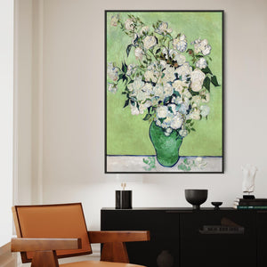 Large Vincent Van Gogh Wall Art Framed Canvas Print of White Roses Green Vase Painting