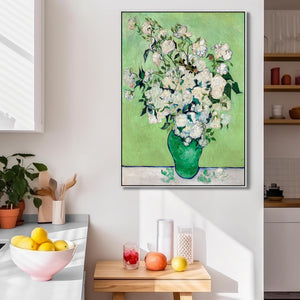 Large Vincent Van Gogh Wall Art Framed Canvas Print of White Roses Green Vase Painting