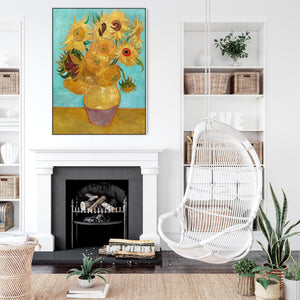 Large Vincent Van Gogh Wall Art Framed Canvas Print of 12 Sunflowers Vase Painting