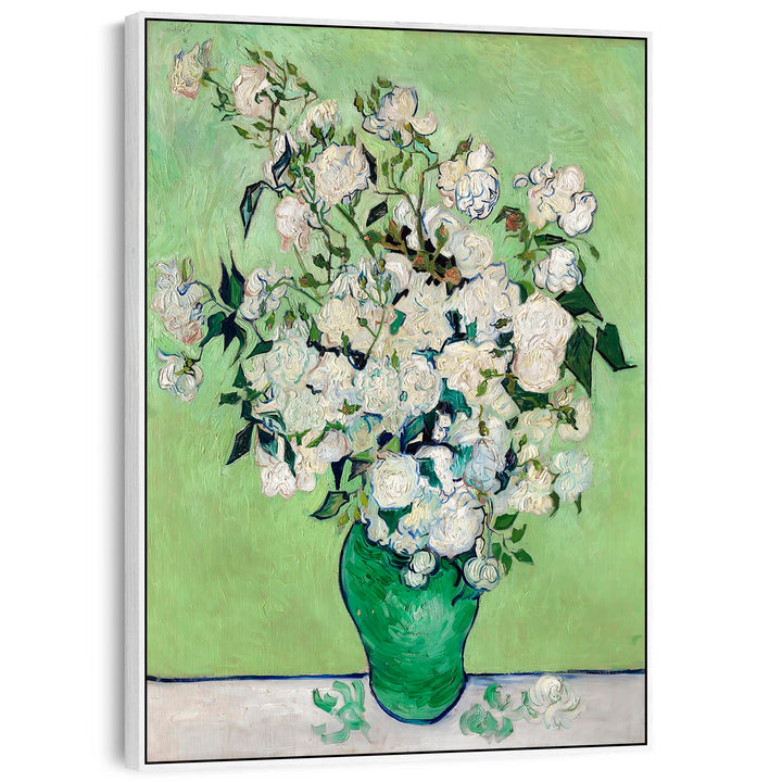 Large Vincent Van Gogh Wall Art Framed Canvas Print of White Roses Green Vase Painting - FFp-2200-W-L