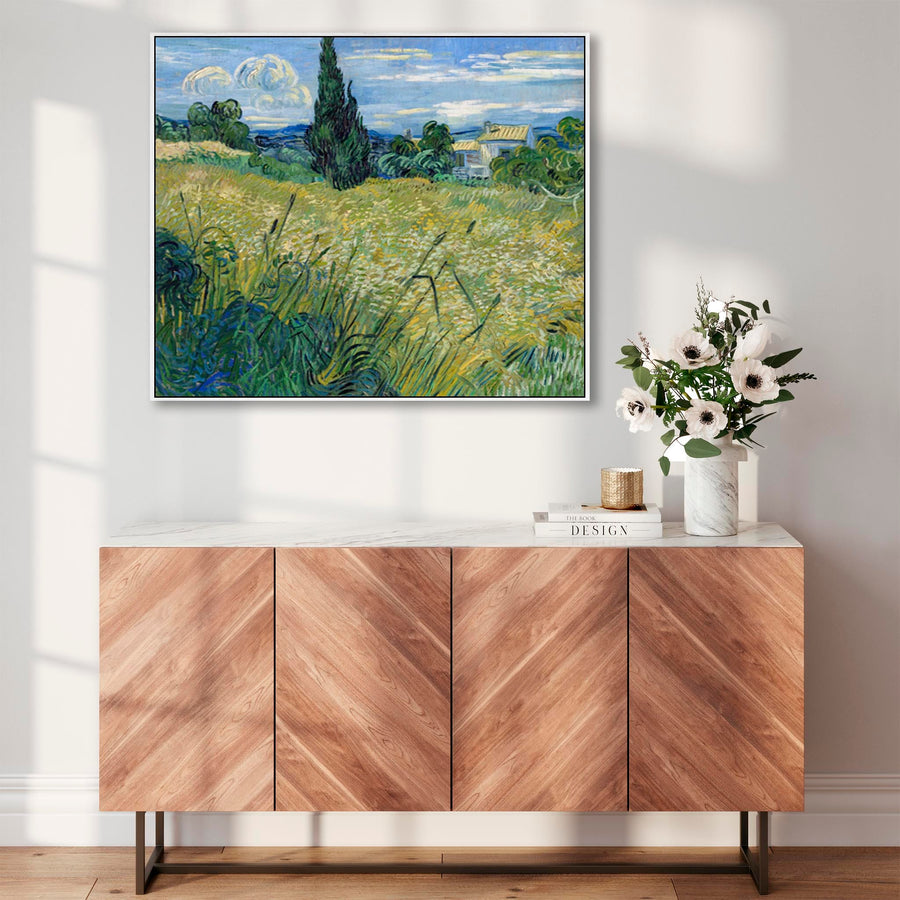 Large Vincent Van Gogh Framed Landscape Wall Art Print of Green Wheat Fields at Auvers Painting