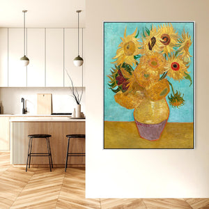 Large Vincent Van Gogh Wall Art Framed Canvas Print of 12 Sunflowers Vase Painting