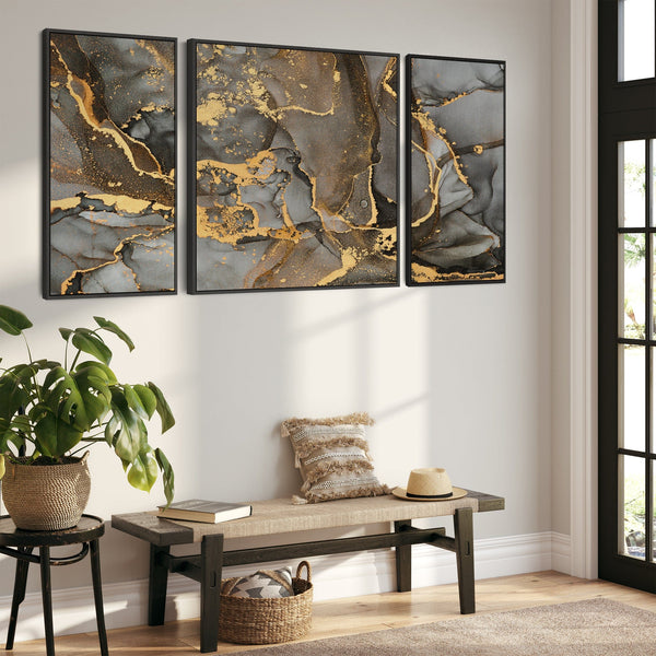 Extra Large Framed Wall Art Pictures for Living Room - Grey Black Gold Abstract Marble - Set of 3 - XXL 212cm Wide