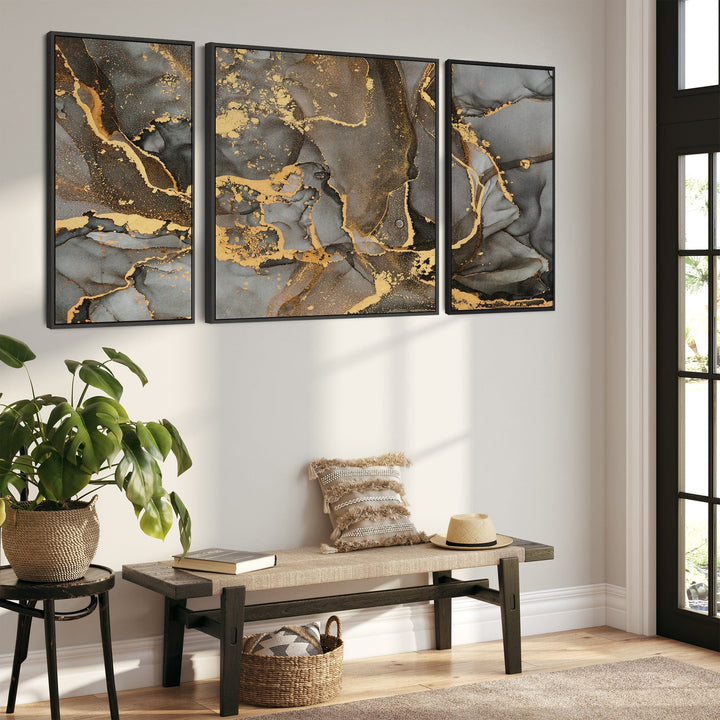 Extra Large Framed Wall Art Pictures for Living Room - Grey Black Gold Abstract Marble - Set of 3 - XXL 212cm Wide - 3AF2077XL