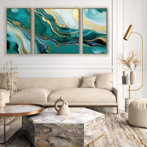 Extra Large Teal Gold Abstract Framed Canvas Wall Art - XXL 212cm Wide