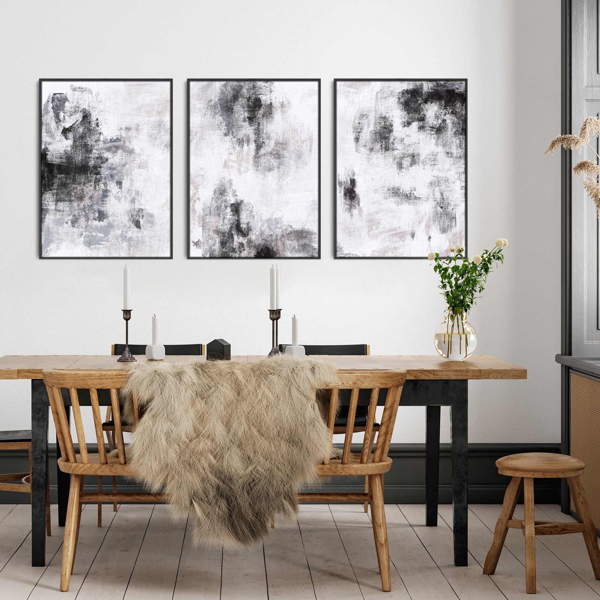 Extra Large Wall Art - Set of 3 - Black White Framed Abstract - 2094