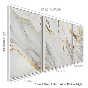 Large White Gold Abstract Framed Wall Art - Modern Set of 3 - XXL 212cm Wide