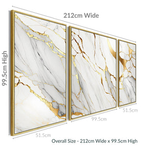 Large White Gold Abstract Framed Wall Art - Modern Set of 3 - XXL 212cm Wide