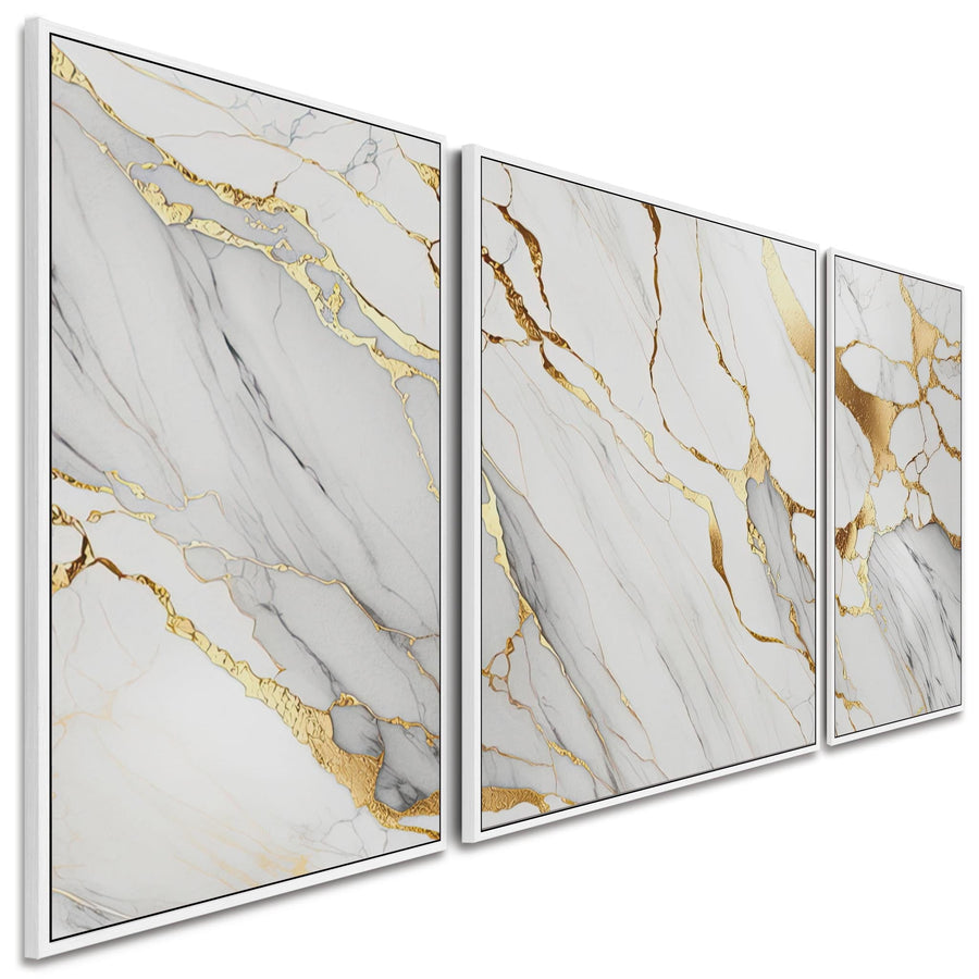 Large White Gold Abstract Framed Wall Art - Modern Set of 3 - XXL 212cm Wide