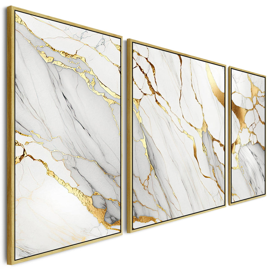 Large White Gold Abstract Framed Wall Art - Modern Set of 3 - XXL 212cm Wide