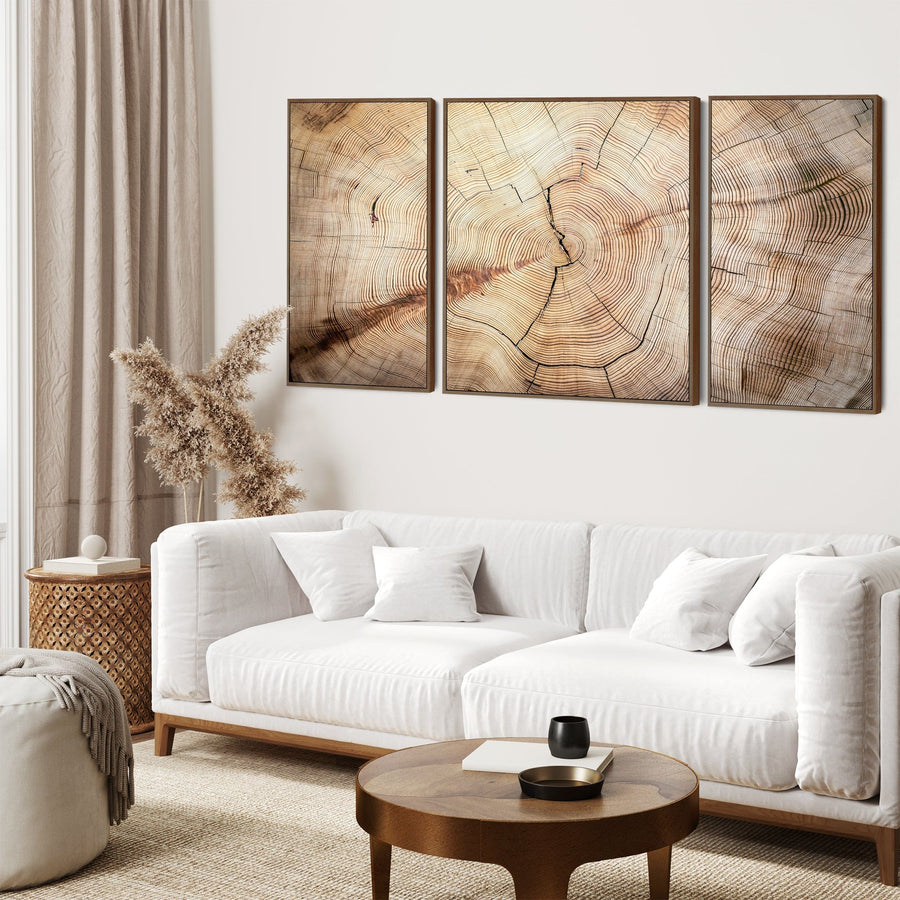 Extra Large Framed Canvas Wall Art Pictures for Living Room - Natural Beige Brown Tree Rings - Set of 3 - XXL 212cm Wide