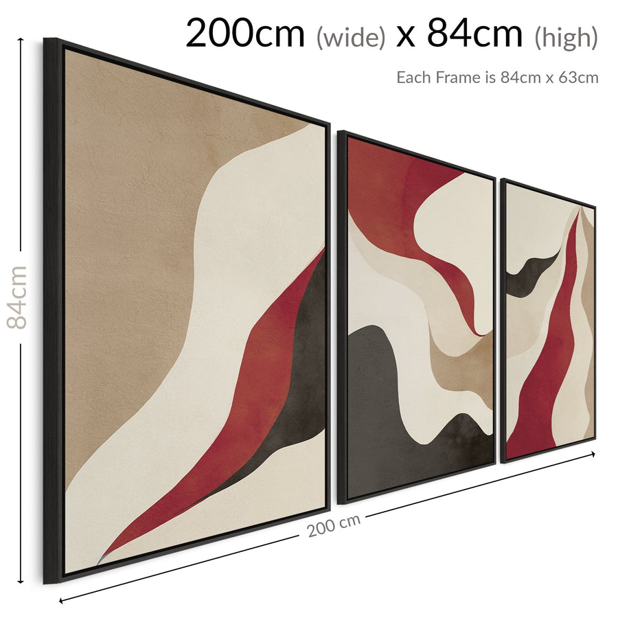 Large Set of 3 Red Abstract Framed Canvas Wall Art - Burgundy Cream Black