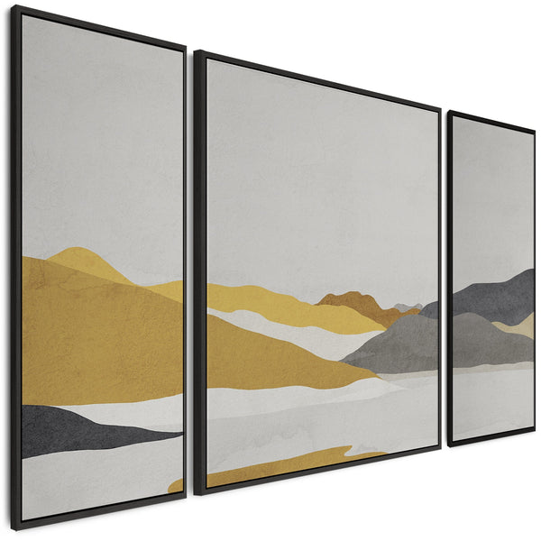 Large Mustard Yellow Grey Framed Abstract Wall Art for Living Room - Set of 3 - XXL 212cm Wide